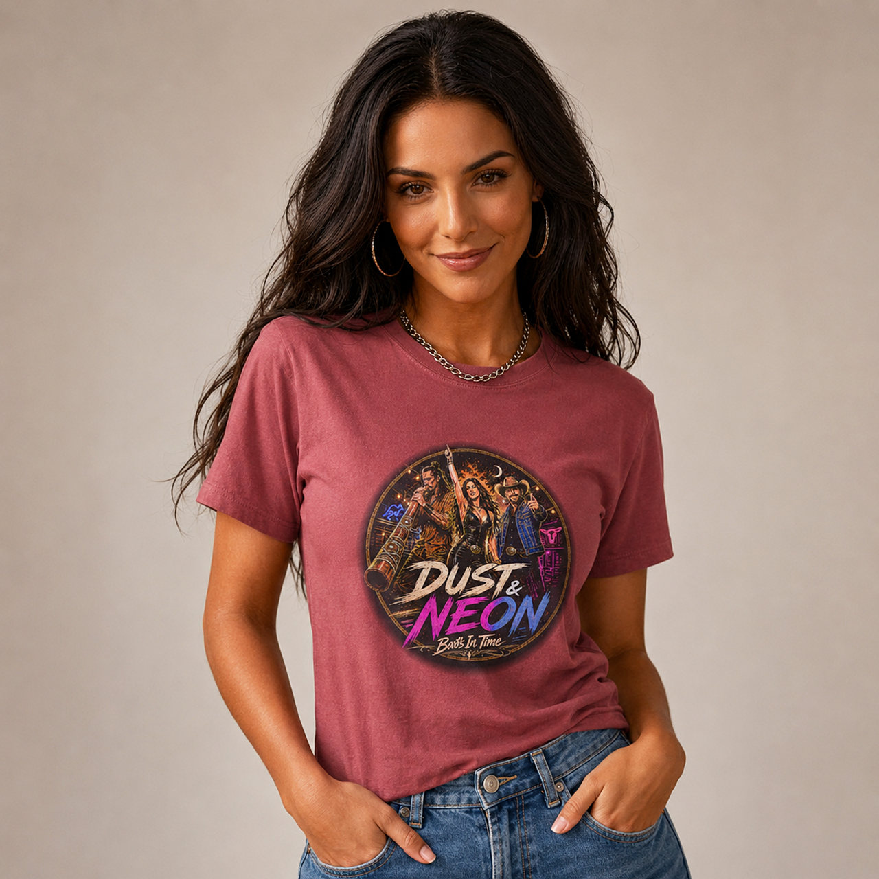 Boots In Time Dust & Neon Unisex Crewneck Tee | Graphic Front